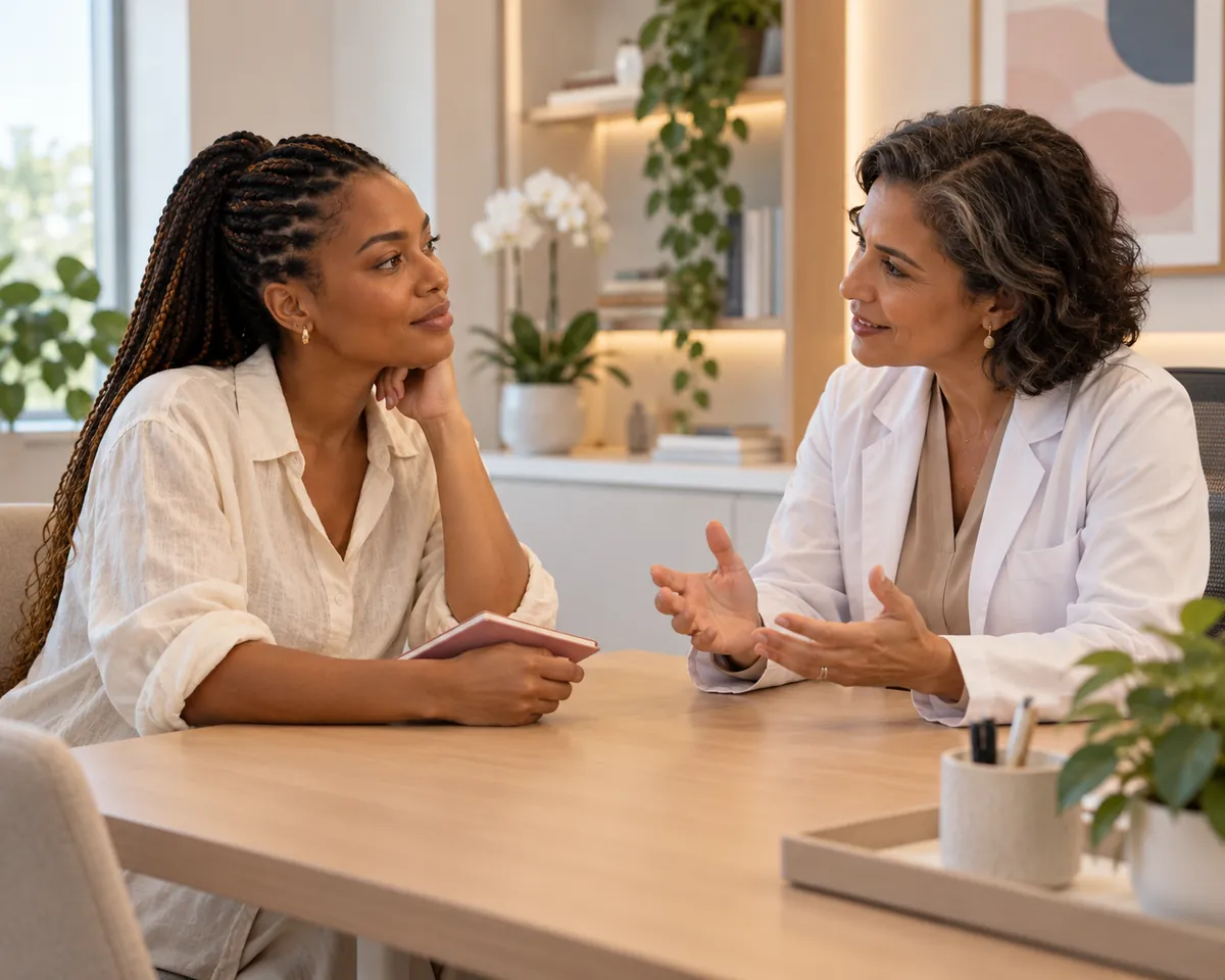 Mulher conversa com a médica no consultório, segurando um caderno com suas dúvidas.