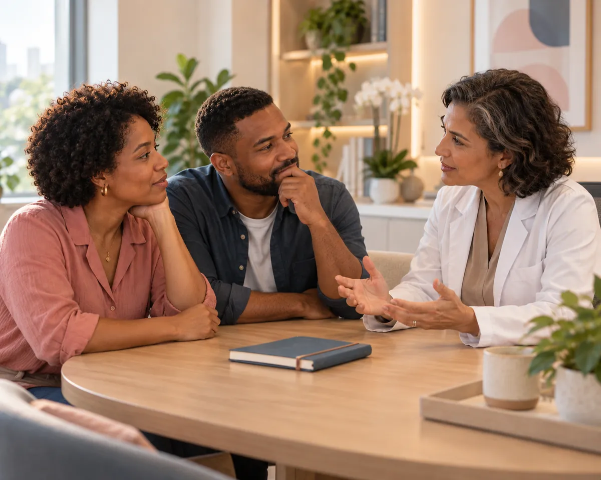 Casal conversa com a médica no consultório, com um caderno sobre a mesa.