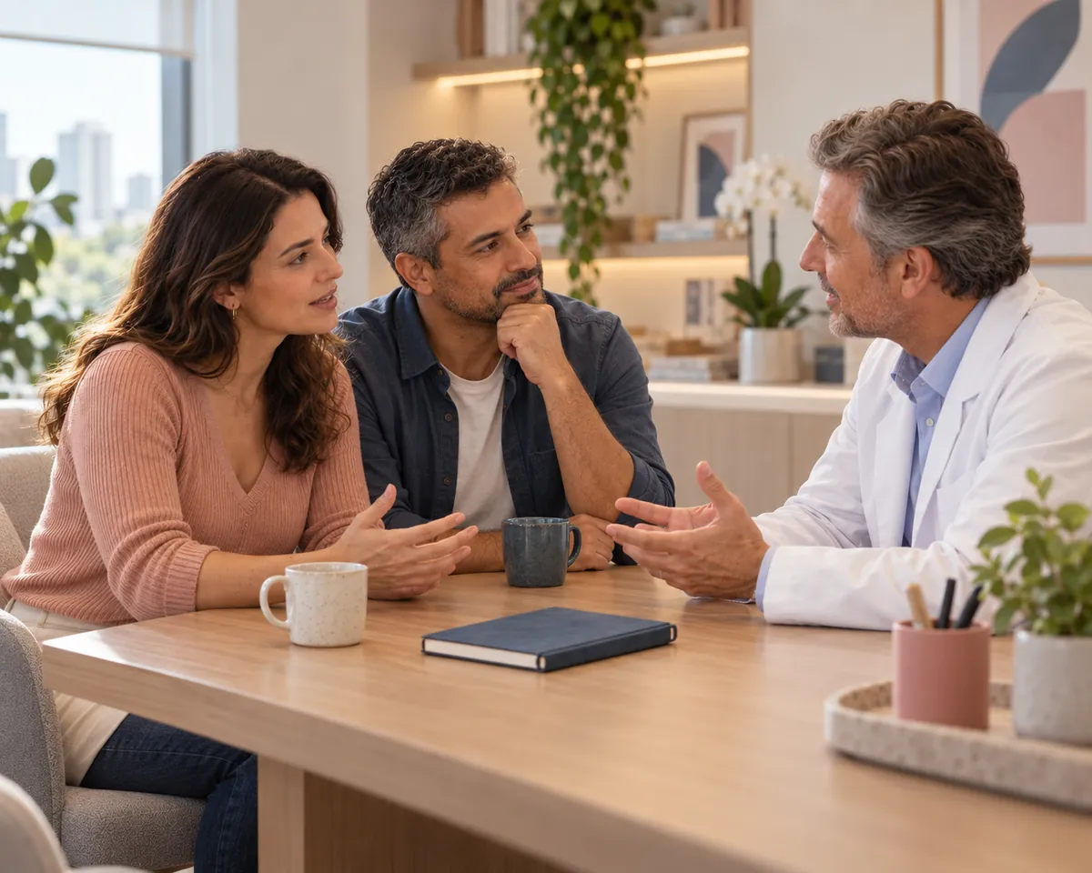 Casal conversa com o médico no consultório, com um caderno sobre a mesa.