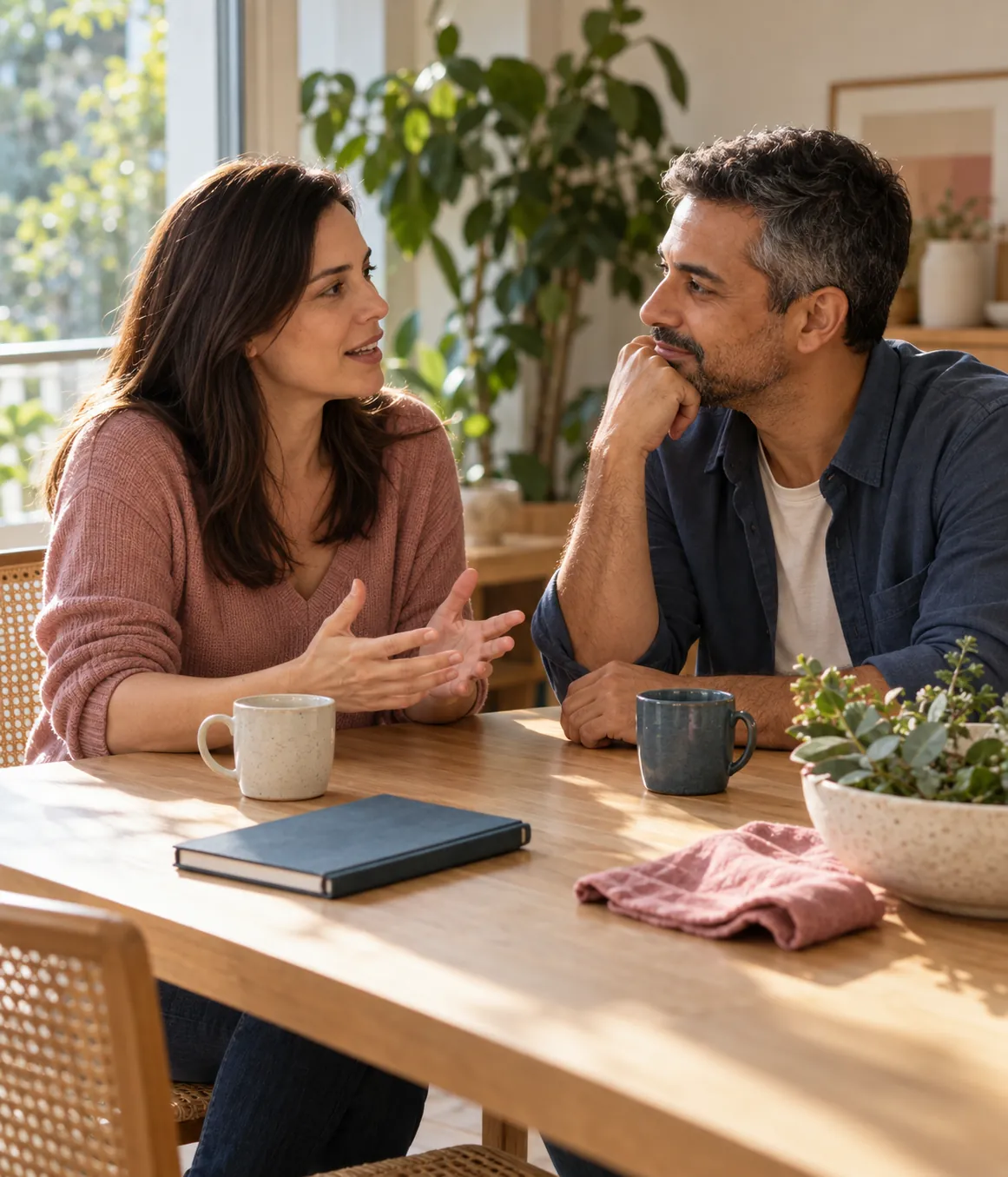 Casal conversa à mesa, com canecas e um caderno, em uma sala iluminada pelo sol.